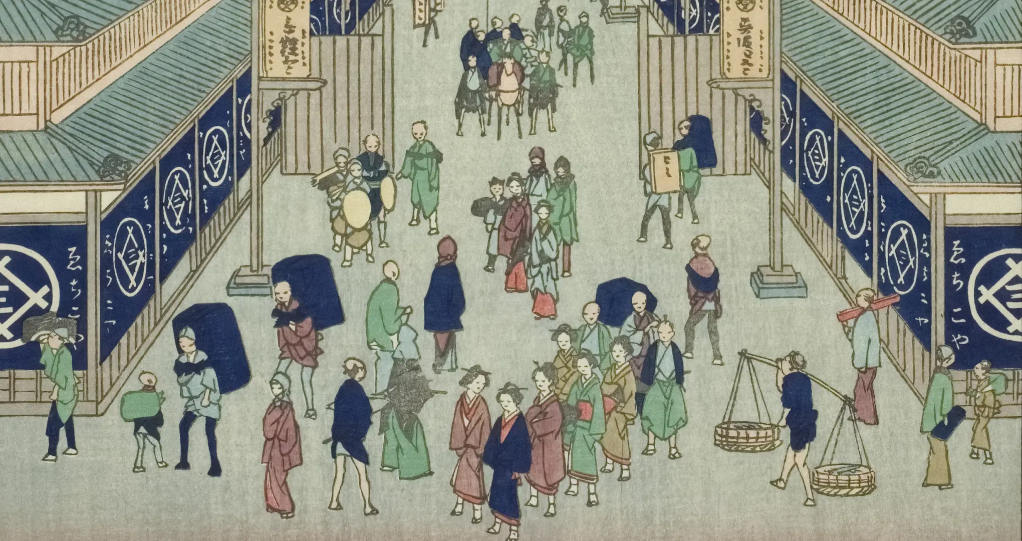 Close-up of a Japanese Ukiyo-e woodblock print depicting a busy Edo-period street scene with pedestrians, merchants, and two large storefronts.