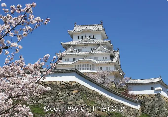 The main keep of the white-walled Himeji Castle (White Heron Castle) rising above the stone walls
