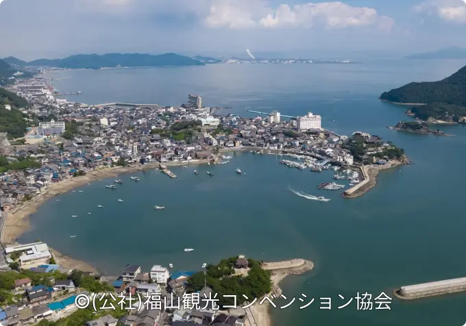 Aerial view of the horseshoe-shaped Tomonoura port town and harbor, surrounded by forested hills and the Seto Inland Sea.