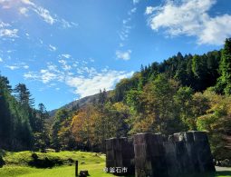 Remains of the blast furnace surrounded by forest at the Hashino Iron Mining and Smelting Site.