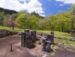 Stone foundation remains of an old furnace at the Hashino Iron Mining and Smelting Site.