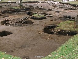 Archaeological excavation site showing underground remains at Hashino Iron Mining and Smelting Site.
