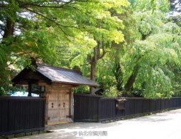Samurai residence gate and black wooden fence on Kakunodate Street, surrounded by fresh green foliage.