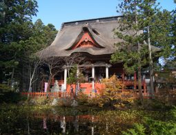 The Sanjin Gosai-den main shrine on Mt. Haguro with its large thatched roof, seen across a reflective pond.