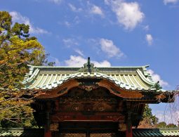A red and dark-wooded, ornate temple gate (Chokugaku-mon) of Kan'ei-ji Temple with a distinctive curved, green-tiled roof, set against a bright blue, cloud-dotted sky.