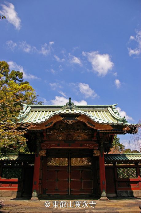 A red and dark-wooded, ornate temple gate (Chokugaku-mon) of Kan'ei-ji Temple with a distinctive curved, green-tiled roof, set against a bright blue, cloud-dotted sky.