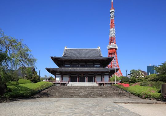 The Hondo (Main Hall) of Zojo-ji Temple, featuring traditional architecture, set against a bright blue sky with the modern Tokyo Tower rising dramatically in the background.