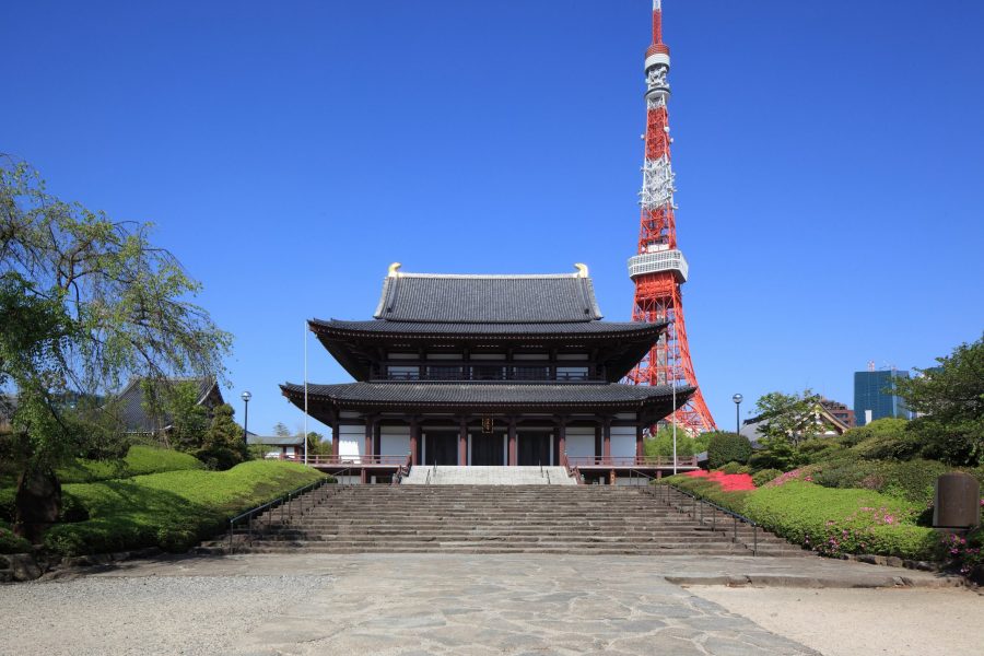 The Hondo (Main Hall) of Zojo-ji Temple, featuring traditional architecture, set against a bright blue sky with the modern Tokyo Tower rising dramatically in the background.