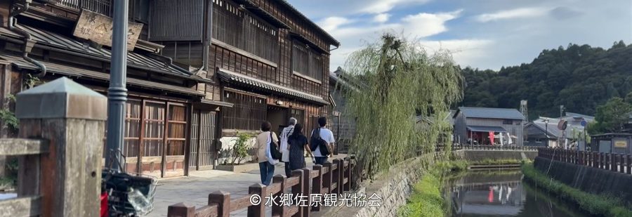 Traditional wooden merchant houses line the banks of a canal in Sawara, Chiba, with a willow tree hanging over the water and people walking along the historic street.