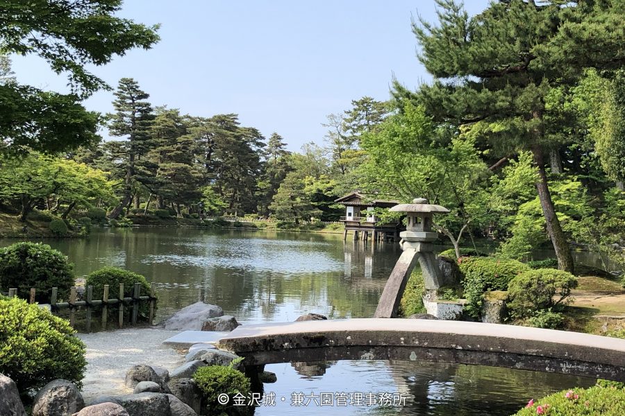 The S-shaped bridge and stone lantern (likely Kotoji Lantern) on Kasumigaike Pond in Kenroku-en Garden, surrounded by lush summer greenery.