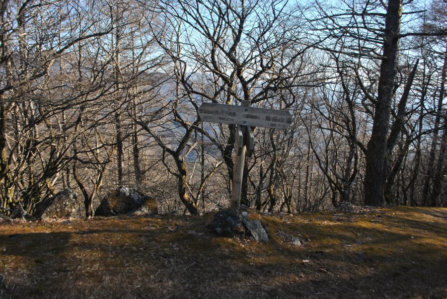 Wooden signpost for scenic spots on a mountain pass, surrounded by bare trees in late autumn or winter.