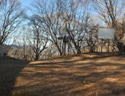 A hilltop clearing on the pass with a distant signpost and an empty billboard, framed by bare trees in a sunny, cold landscape.
