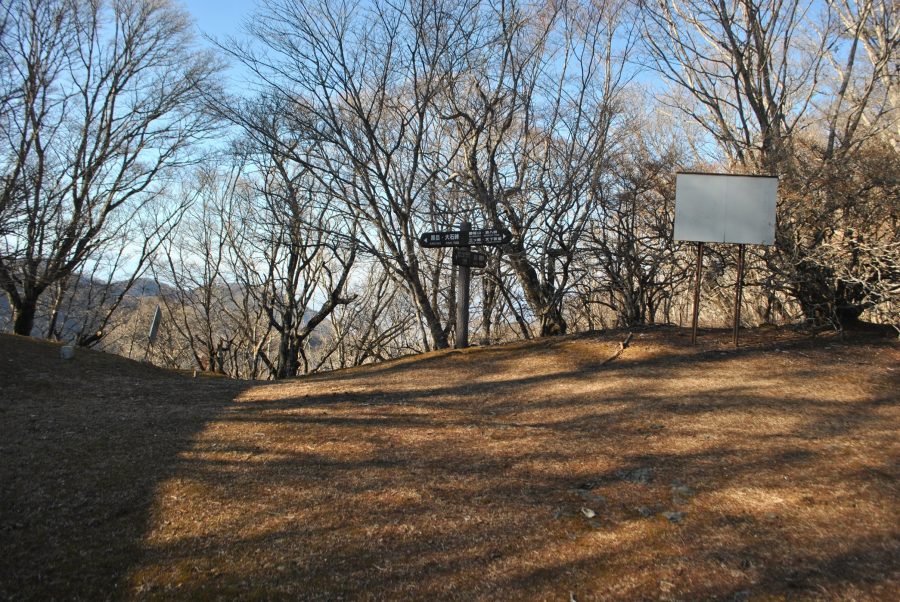 A hilltop clearing on the pass with a distant signpost and an empty billboard, framed by bare trees in a sunny, cold landscape.