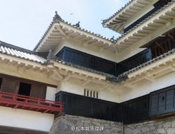 Close-up of the upper white plaster and black wooden section of the castle, showing the eaves and tiled roofs.