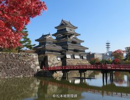 Matsumoto Castle viewed across the moat with a red bridge, framed by vibrant red autumn maple leaves on the left.