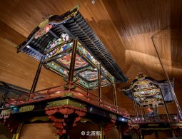 Two ornate, large Japanese festival floats (dashi or yatai) with detailed carvings and painted roofs, displayed in a modern wooden museum room.