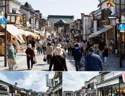 A composite image showing the Nakamise-dori approach to Zenko-ji, a bustling street lined with traditional shops and many people walking toward a large gate (Niōmon or Sanmon).