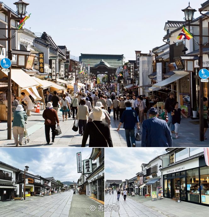 A composite image showing the Nakamise-dori approach to Zenko-ji, a bustling street lined with traditional shops and many people walking toward a large gate (Niōmon or Sanmon).