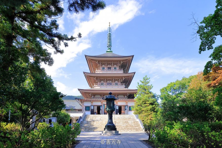 The three-tiered, light brown pagoda of Zenko-ji, viewed from the courtyard path framed by lush green trees against a bright blue sky.