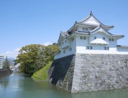 The reconstructed Tatsumi Yagura (turret) of Sunpu Castle standing on the stone wall above the outer moat under a clear blue sky.
