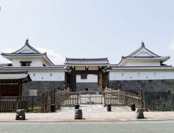 The reconstructed gate and surrounding turreted walls of Sunpu Castle Park, built with white plaster above a stone foundation.