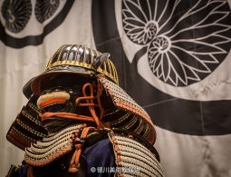 Close-up of a samurai helmet (kabuto) and face guard (menpo) armor, displayed in front of a banner with the Tokugawa family crest.