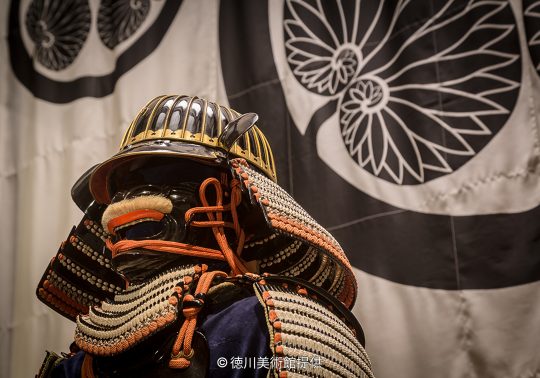 Close-up of a samurai helmet (kabuto) and face guard (menpo) armor, displayed in front of a banner with the Tokugawa family crest.