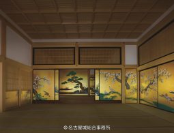The interior of a room in the reconstructed Honmaru Palace, featuring tatami mats, a coffered ceiling, and magnificent gold-leaf sliding doors (fusuma-e).