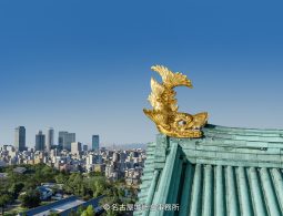 Close-up of the golden shachihoko (mystical fish) ornament on the green roof of Nagoya Castle, with the modern Nagoya city skyline in the background.