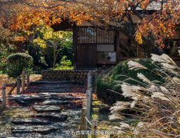 A flagstone path leading up to a small, secluded teahouse or guardhouse area in the Nagoya Castle grounds, surrounded by autumn foliage and tall grasses.