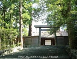 A long stone staircase leading up to a simple wooden torii gate and traditional shrine buildings set in a dense forest.