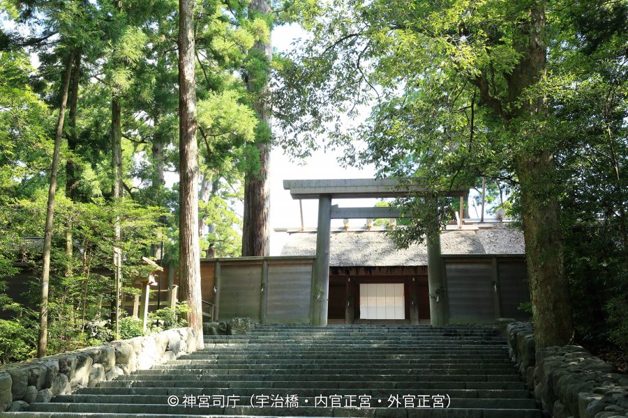A long stone staircase leading up to a simple wooden torii gate and traditional shrine buildings set in a dense forest.