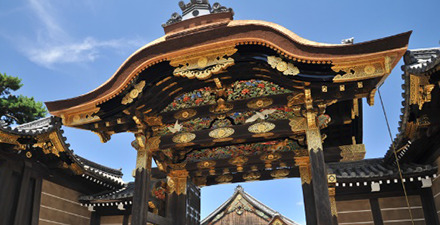 The highly ornate and brightly colored Karamon Gate (Chinese Gate) of Nijo Castle's Ninomaru Palace.