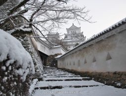 Snow-covered stone steps and white walls leading up toward Himeji Castle on a cloudy winter day.