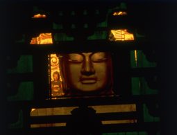 A close-up of the face of the Great Buddha statue (Daibutsu) seen dimly through dark wooden lattice work, illuminated by warm, golden light.