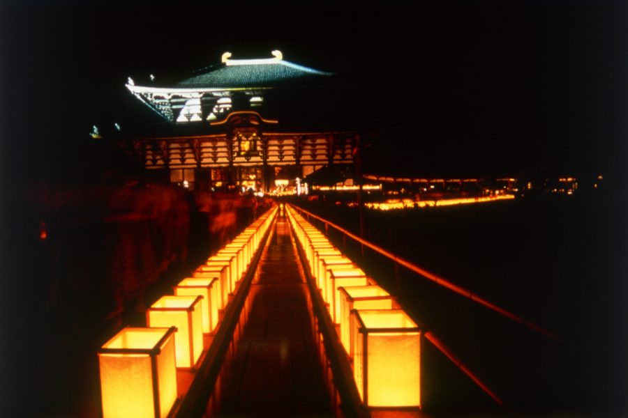 A dramatic night view of the illuminated Todai-ji Daibutsuden, with a long pathway lined by glowing square paper lanterns.