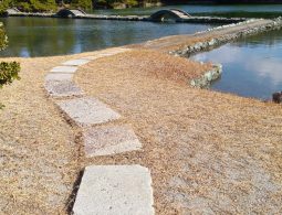 A stone path leading toward the pond in Yosuien Garden, with the arched bridges visible in the distance.