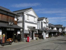 Close-up of the traditional storefronts in the Kurashiki Bikan Historical Area, featuring white walls and black grid-patterned (namako-kabe) gables.