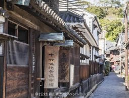 A narrow, preserved street in the Tomonoura historical district, lined with traditional wooden machiya merchant houses.