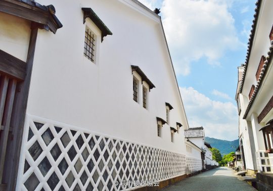 The preserved streetscape of Hagi Castle Town, featuring a large white earthen wall with a diamond-patterned namako-kabe base under a blue sky.