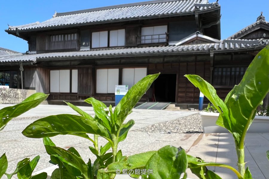 The facade of the traditional wooden machiya-style Okumura Family Residence, viewed over a foreground plant.