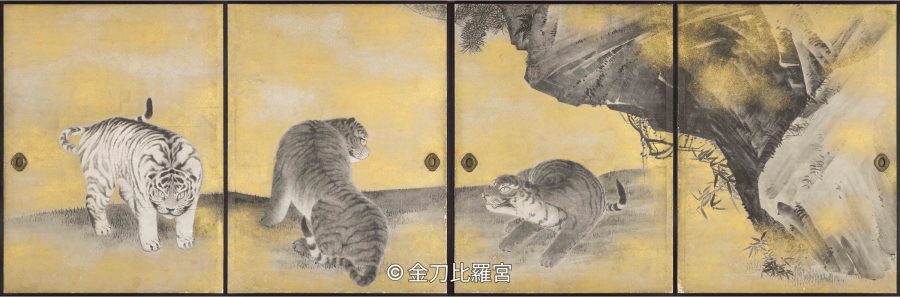 A four-panel gold leaf screen painting depicting three tigers (Tora-zu), created by the artist Maruyama Okyo.