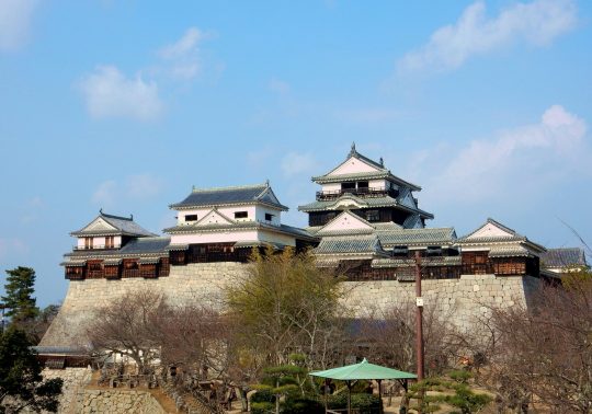 The main keep and connected turrets of Matsuyama Castle, with white walls and dark roofs, standing on a large stone wall.
