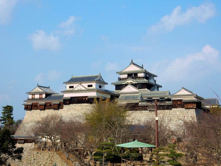 The main keep and connected turrets of Matsuyama Castle, with white walls and dark roofs, standing on a large stone wall.