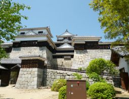 A close-up, low-angle view of the fortified walls and connected defensive structures (yagura) of Matsuyama Castle, built from massive stone blocks under a bright blue sky.