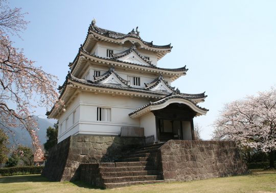 The white, three-tiered main keep of Uwajima Castle, one of Japan's original castles, built on a stone base and surrounded by cherry blossoms.