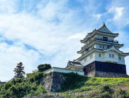 Hirado Castle keep with white walls and black siding, built on a stone base on a green hill under a cloudy blue sky.