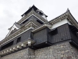Low-angle view of the large and small keeps of Kumamoto Castle, showing the black, latticed walls and white trim above the rough stone foundation.