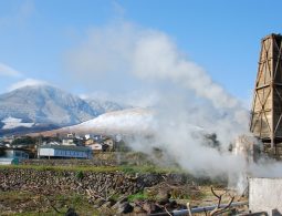 Geothermal steam vent in Beppu, Japan, with a tall wooden structure emitting hot steam against a backdrop of snow-dusted mountains.
