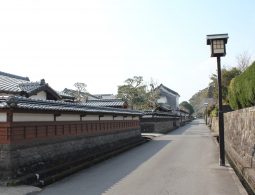 A quiet street in Obi castle town, lined on the left by traditional white-and-wood samurai residence walls with gray tiled roofs and stone foundations, and a high green hedge on the right.